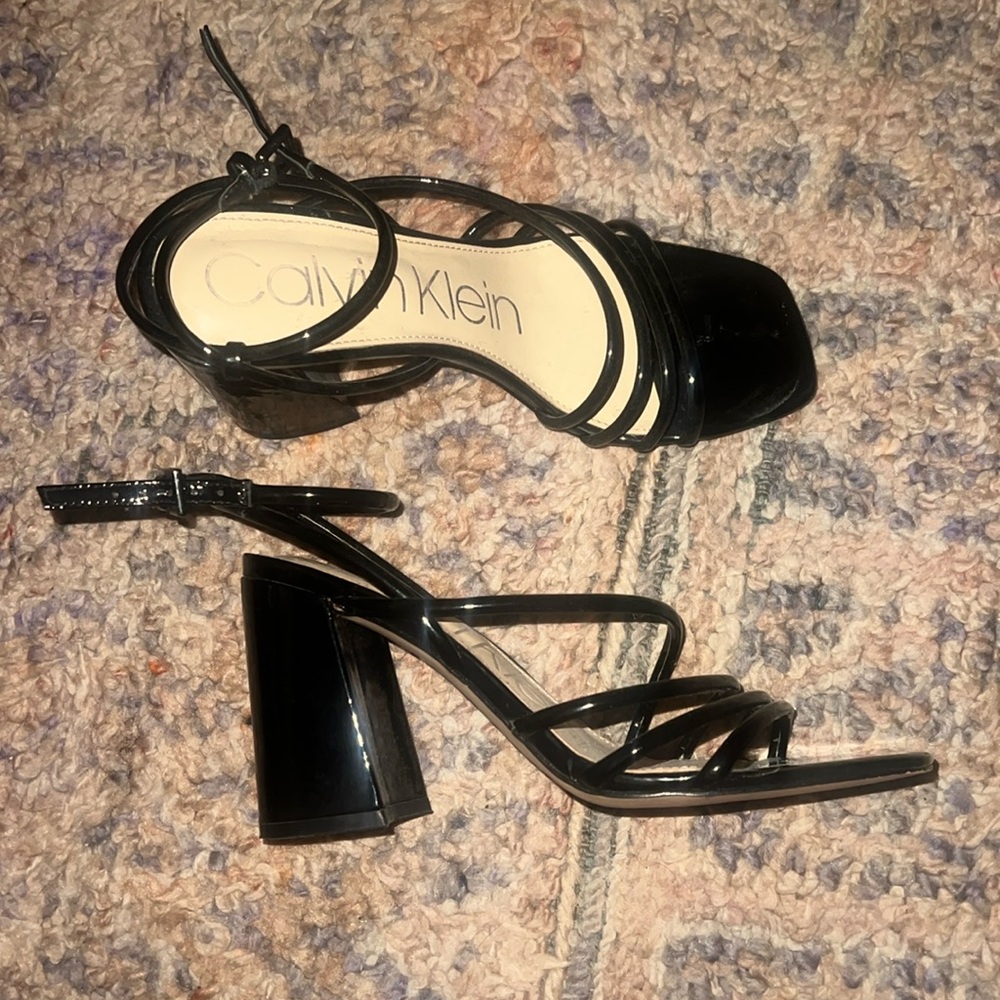 Calvin Klein strappy black patent leather square toe sandals. Size 7.